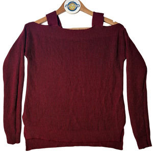 Hooked Up Maroon Cold Shoulder Knit Sweater